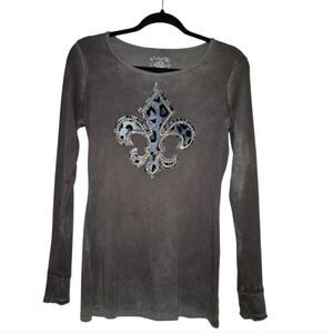 Velvet Stone Top Cross Rhinestone Long Sleeve Shirt Tee Brown Buckle  Cotton M